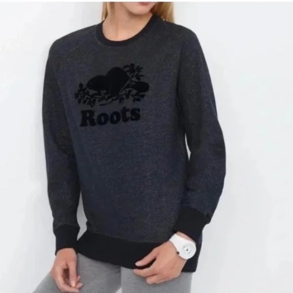 Roots Women’s Sweatshirt Leather Beaver logo Navy blue Pepper Size S - Picture 1 of 15